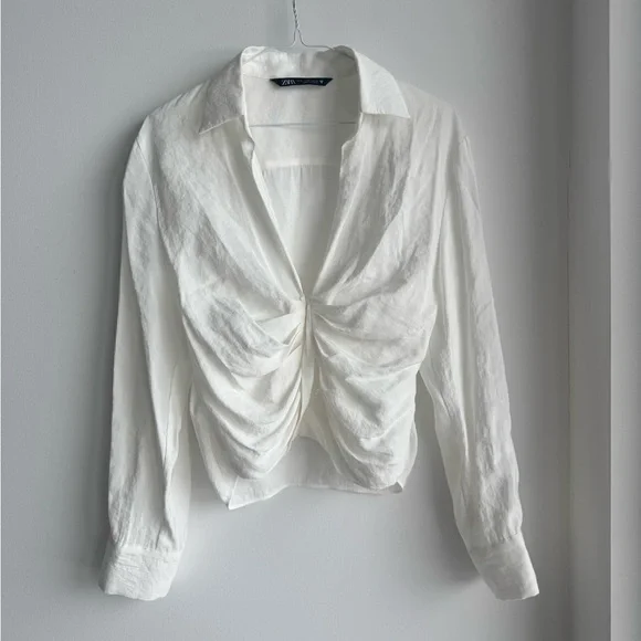 Zara White Rushed Linen looking Shirt Small - Picture 2 of 4